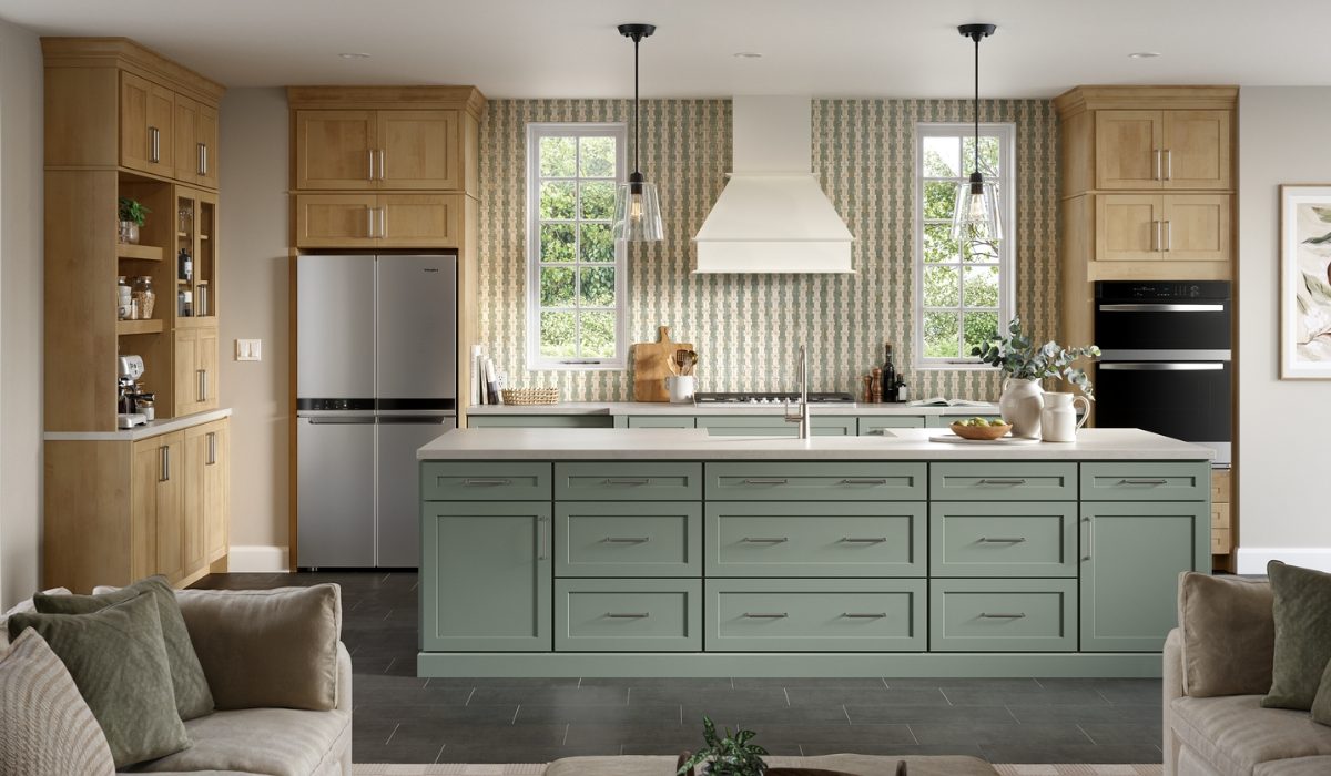 Kitchen Cabinets With Lichen, White, and Sepia Finishes